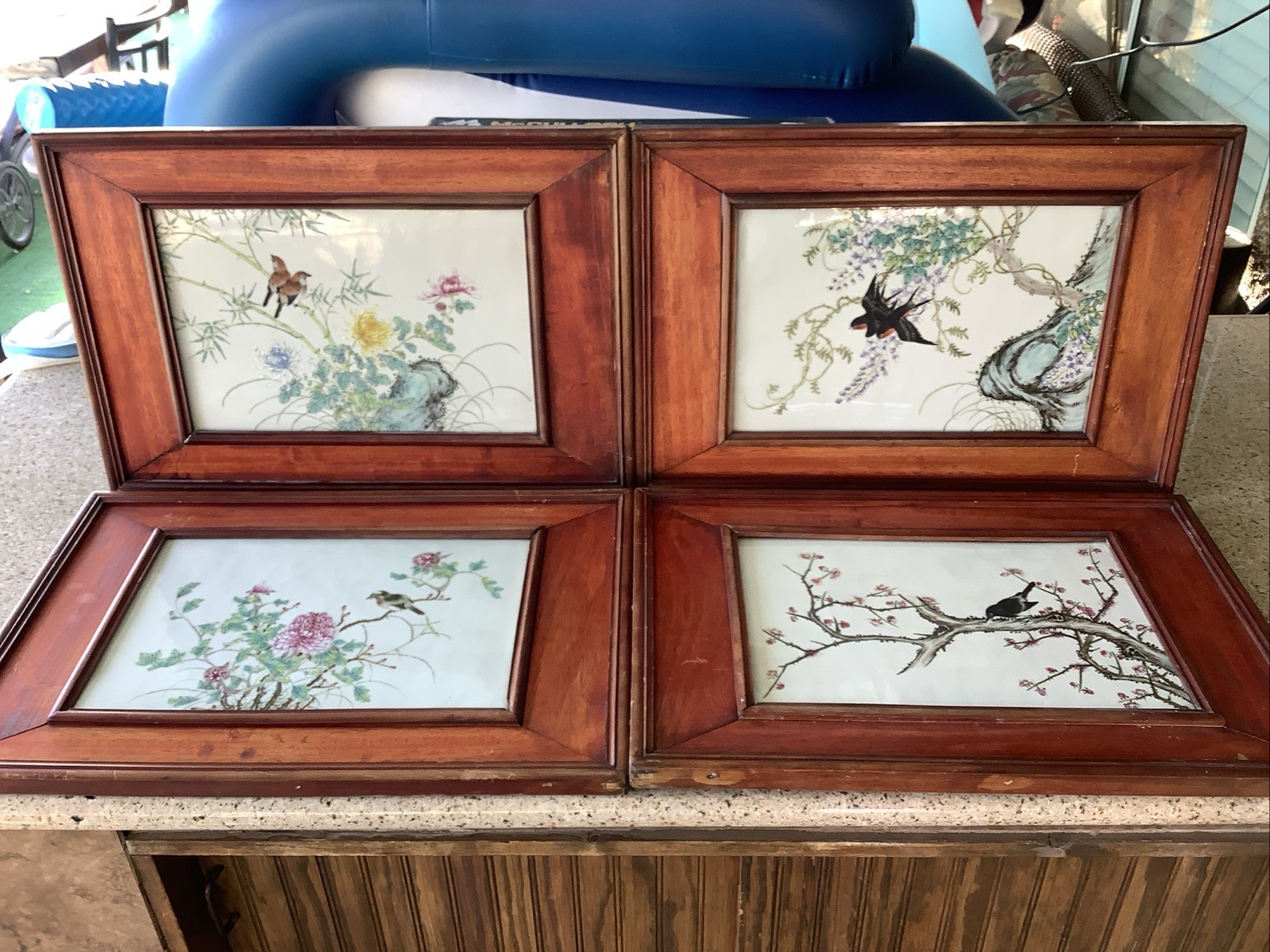 4 Vtg Asian Wood Framed Hand Painted Porcelain Scenes Paintings Wall Art Decor