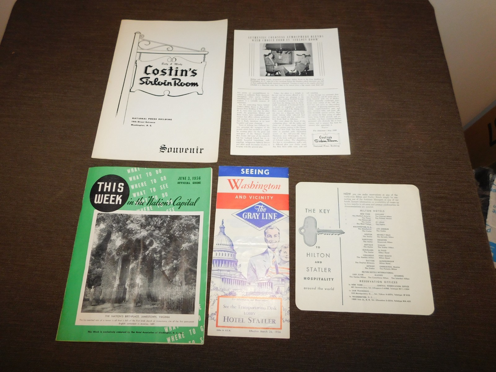 VINTAGE 1956  WASHINGTON DC SOUVENIR  COSTIN'S MENU HOTEL STATLER ACCOUNT 5 PC 