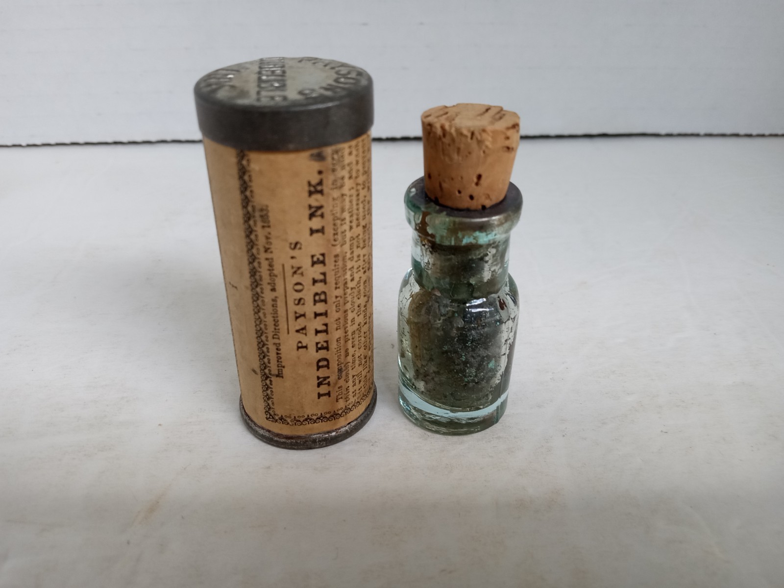 Antique 1850s Payson’s Indelible Ink Mini Corked Bottle & Tin Container