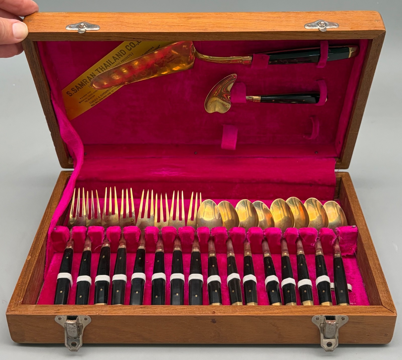 VTG S. Samran Thailand Bronze Brass 18 Pc Dessert Flatware Set Case Mid Century