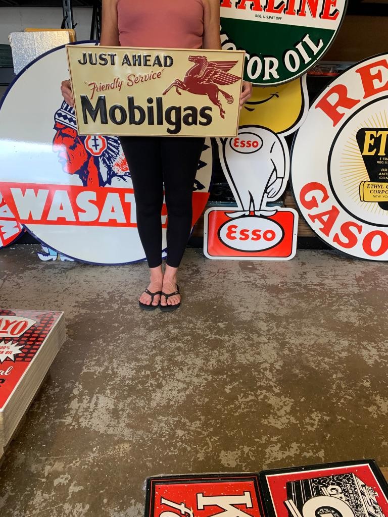 Antique Vintage Old Style Sign Mobilgas Just Ahead Made USA