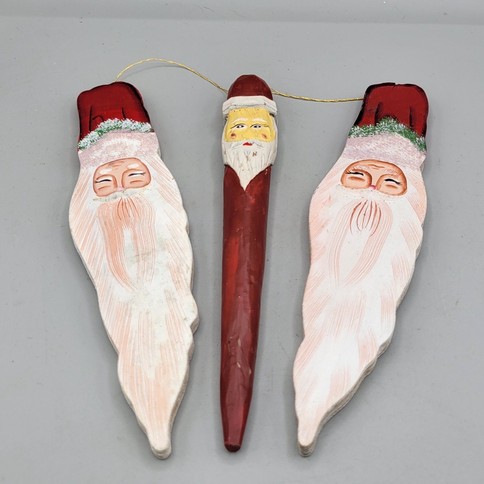 Vintage Folk Art Christmas Ornaments Santa Carved Look Red Hanging 8\