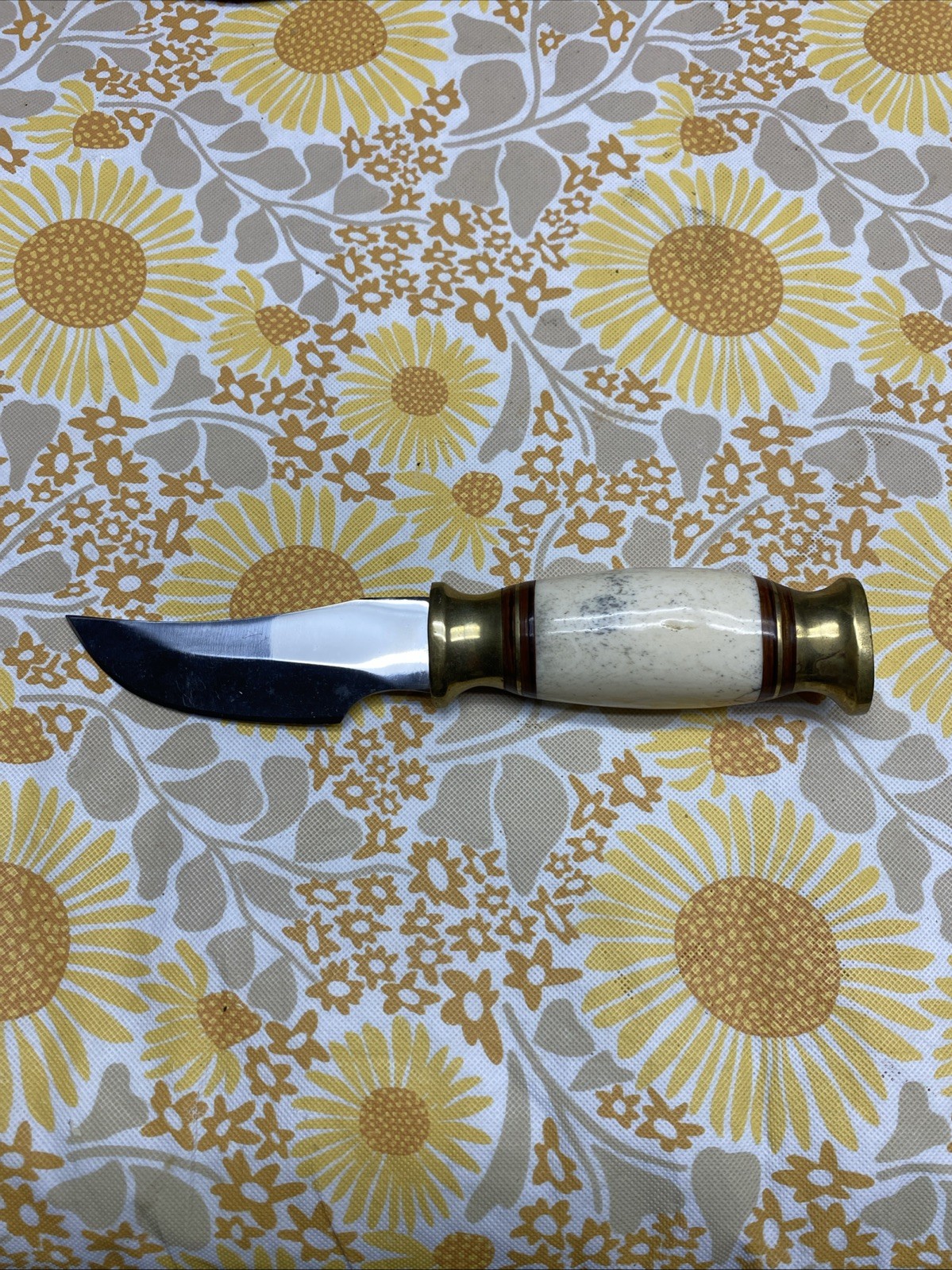 Vintage Unmarked Hunting Skinning Knife Bone Handle Brass
