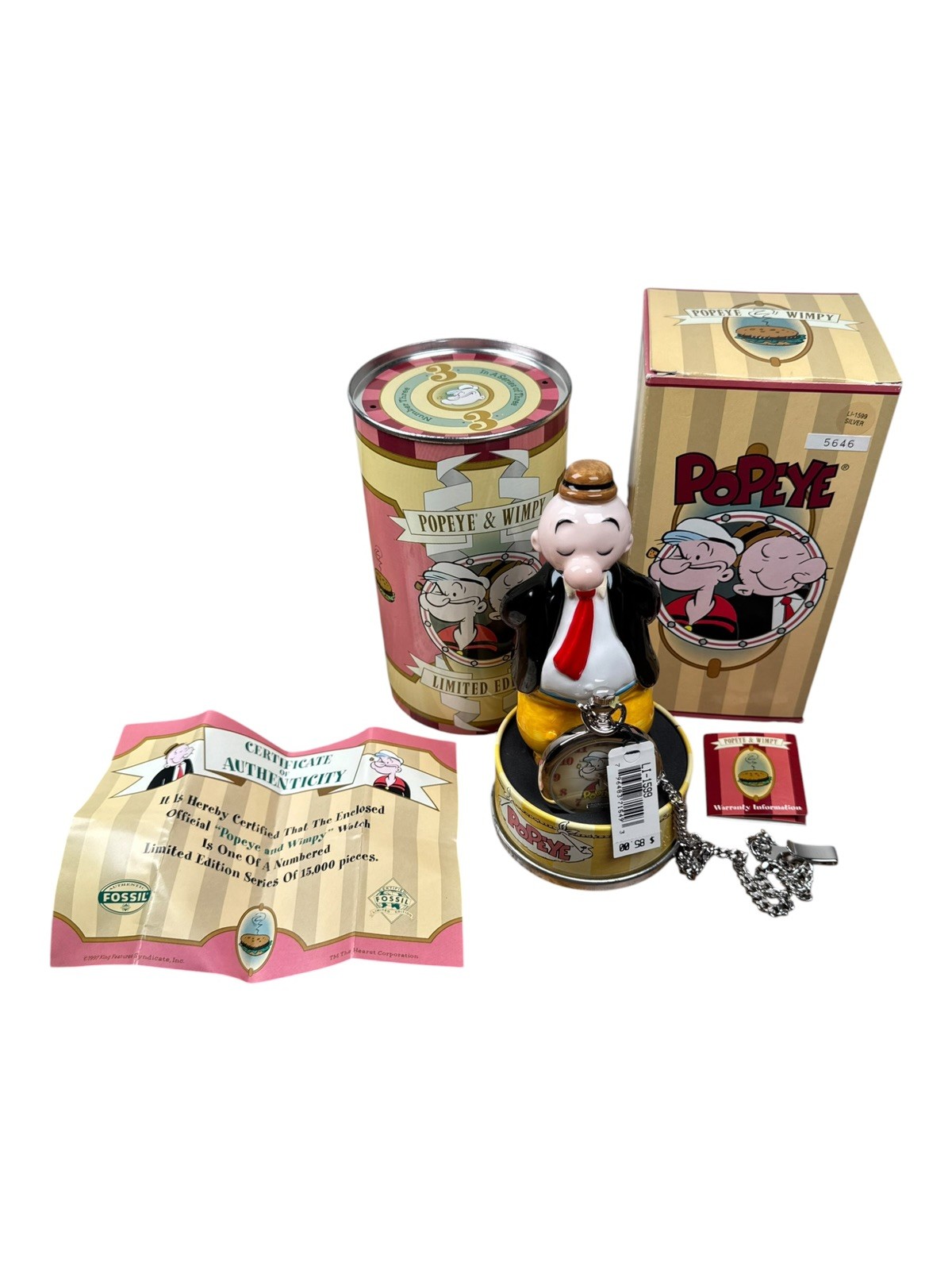 RARE LI1599 Fossil 1997 Popeye Pocket Watch & Wimpy Glass Figure (5,646/15,000)