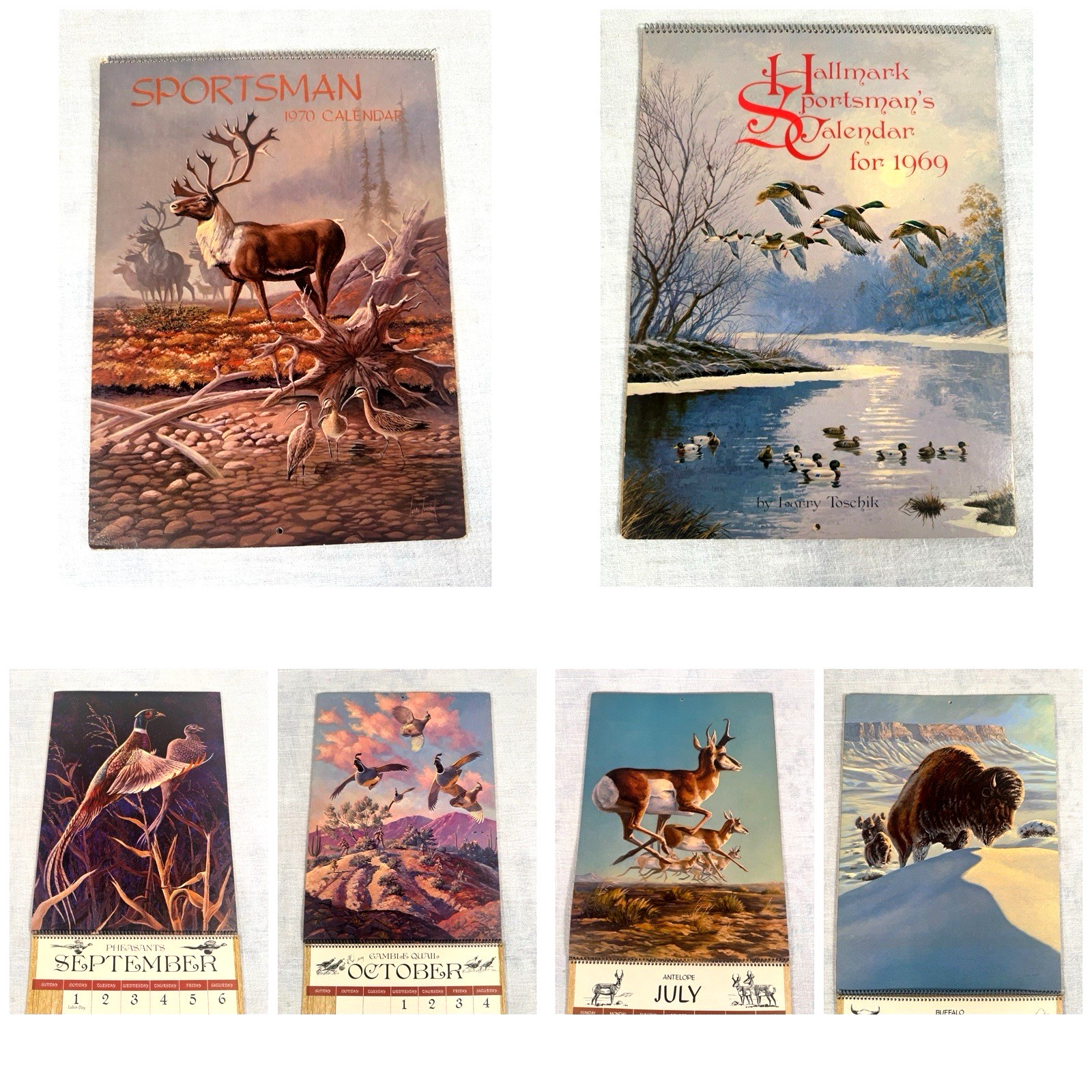 2 -VTG Hallmark Sportsman wildlife Calendars 1969 1970 Larry Toschik Dog Artwork