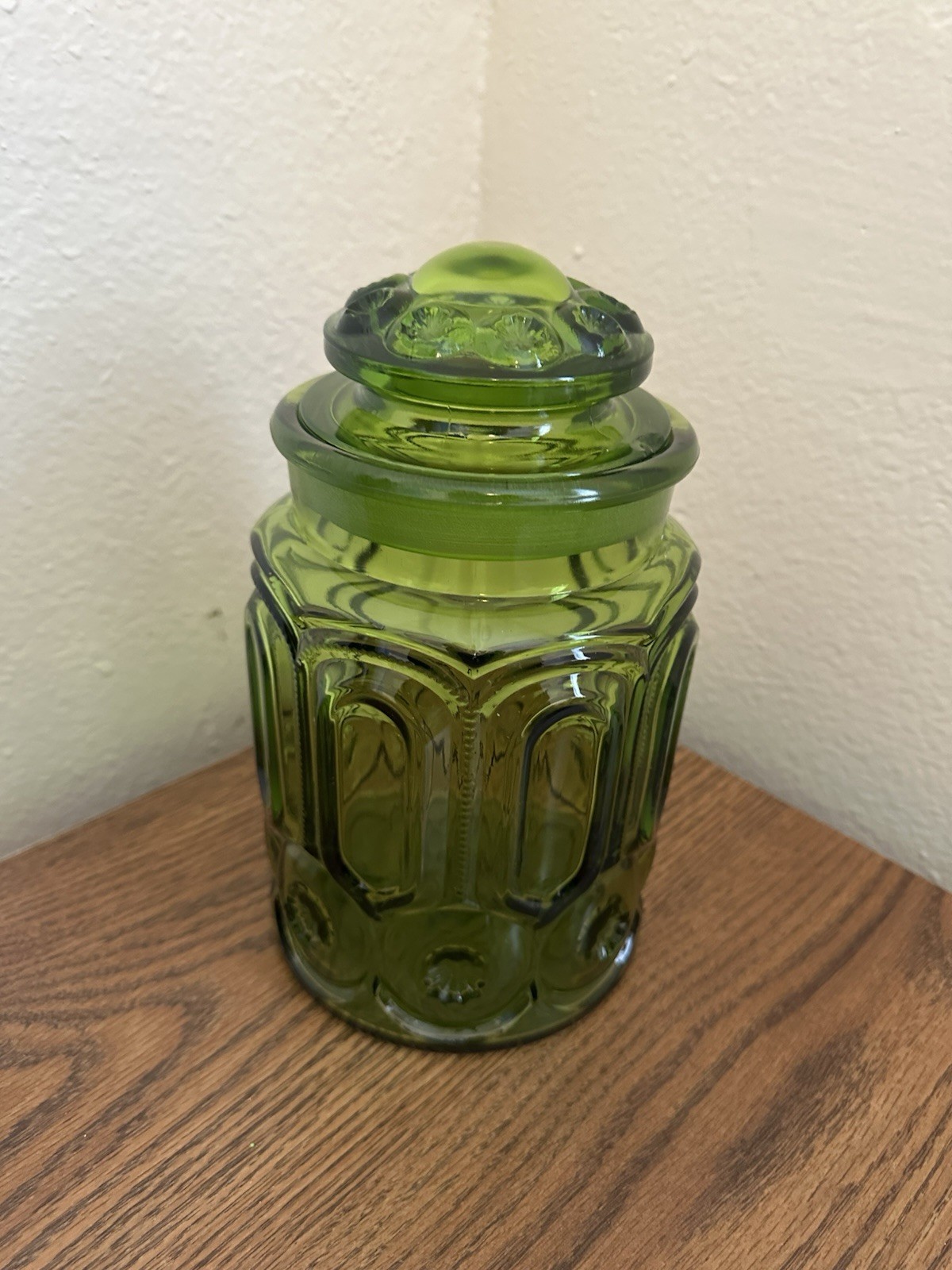 VTG 40’s L.E. Smith Moon & Stars Green Glass Apothecary Canister Jar