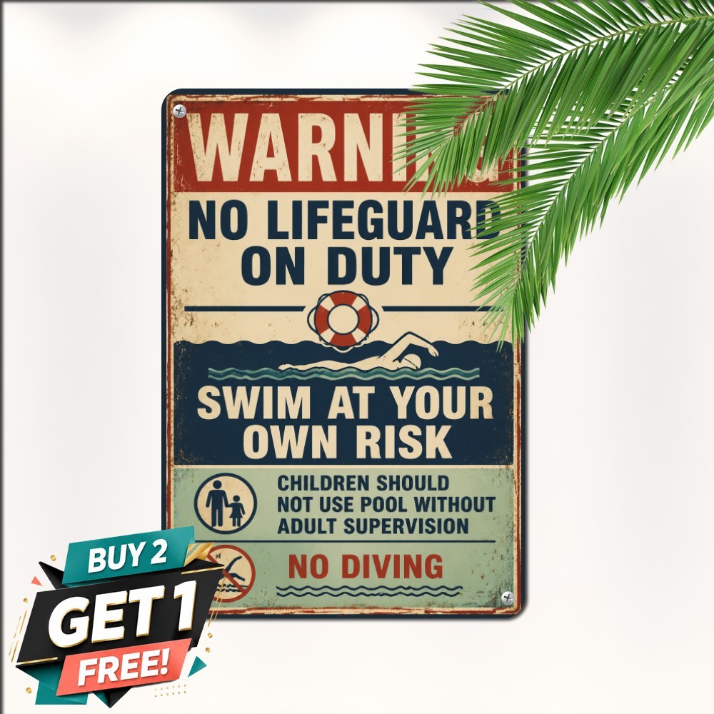 Pool Safety Warning No Lifeguard On Duty Notice Metal Tin Sign Plaque 8x12