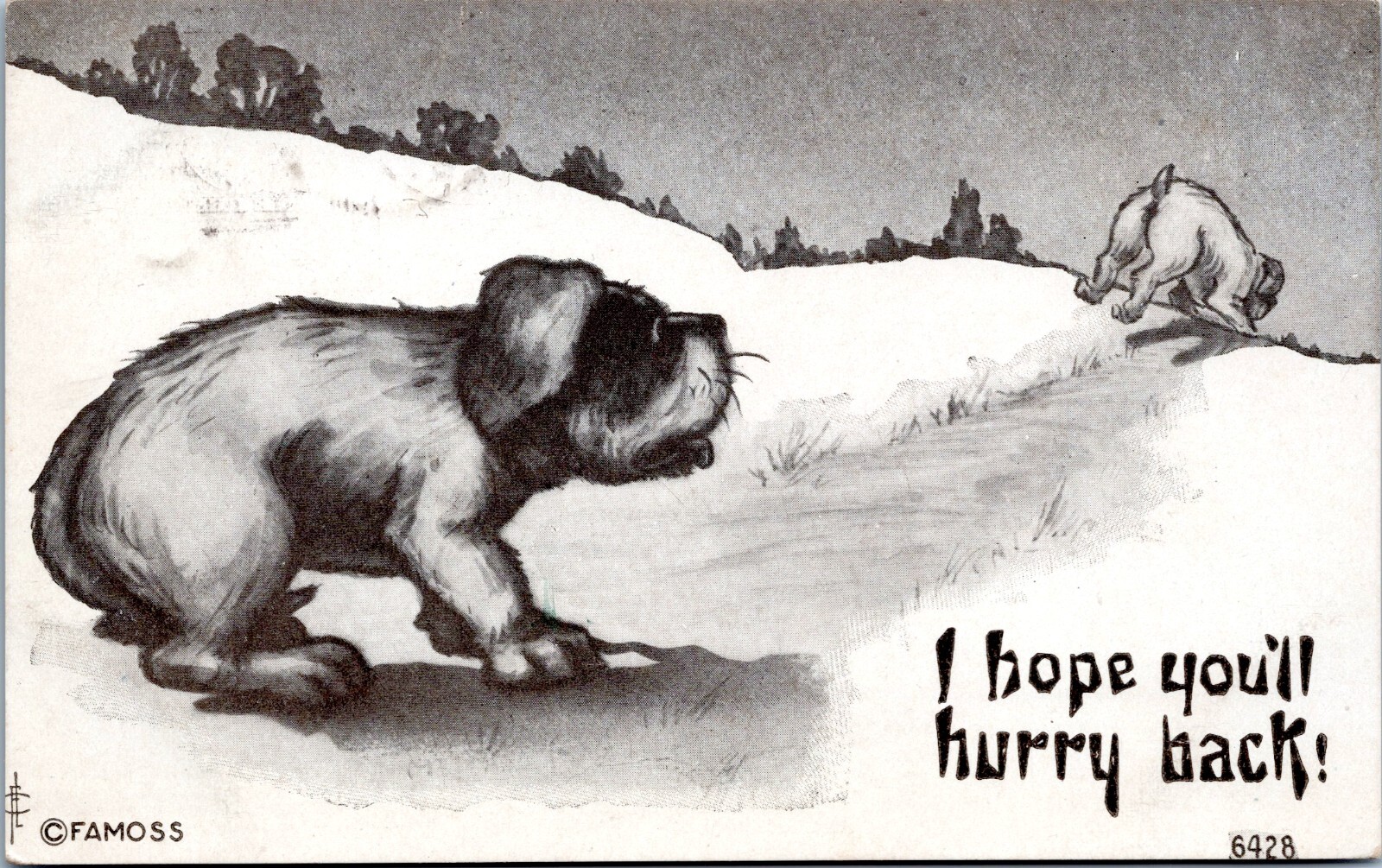 I Hope You Hurry Back- Dog watches Dog Leave - c1910s Postcard - a/s: F. A. Moss
