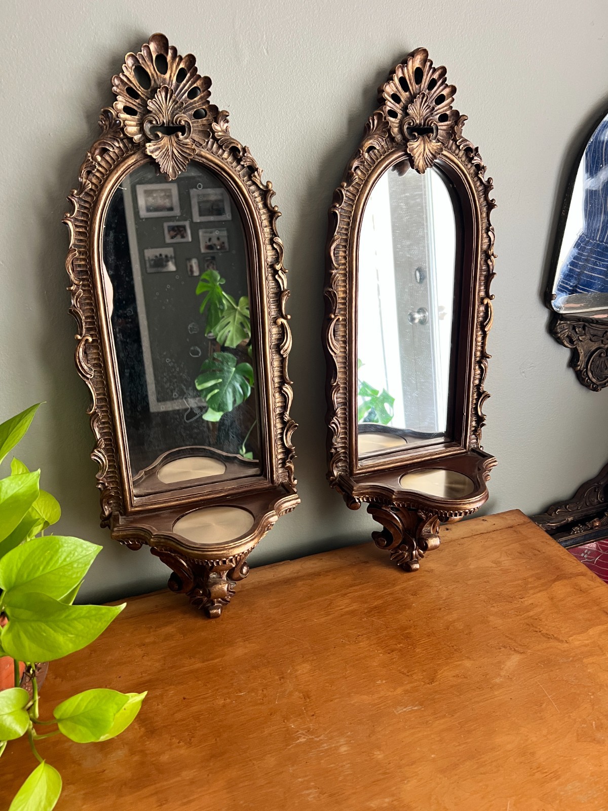 Vintage Baroque Ornate Mirror Wall Sconce Pillar Candle Holders Pair 26x9x8