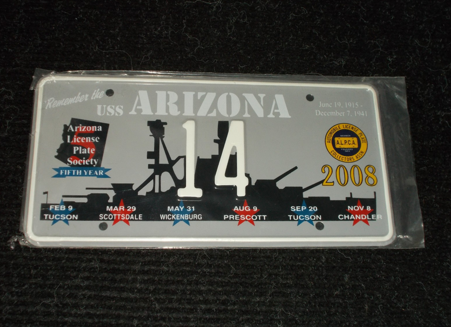 2008 ALPCA REMEMBER THE USS ARIZONA BATTLESHIP AUTOMOBILE AUTO CAR LICENSE PLATE