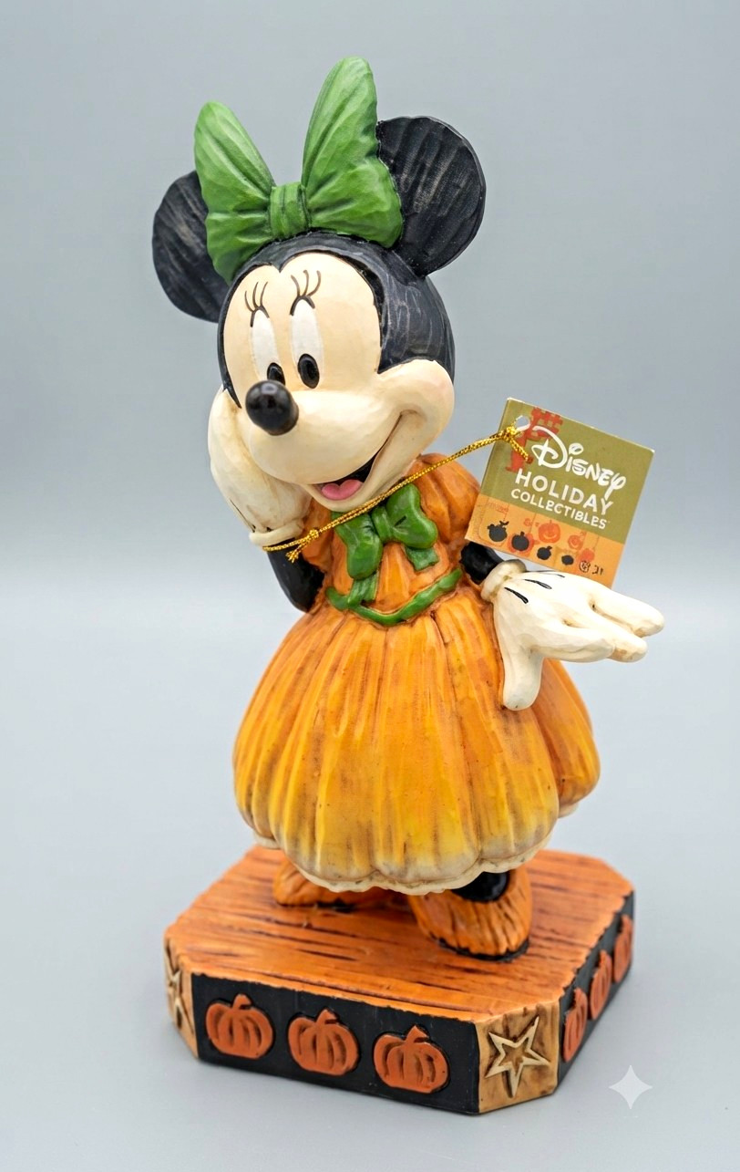 Disney Minnie Mouse Halloween Holiday Pumpkin Figurine Green Bow Orange Dress