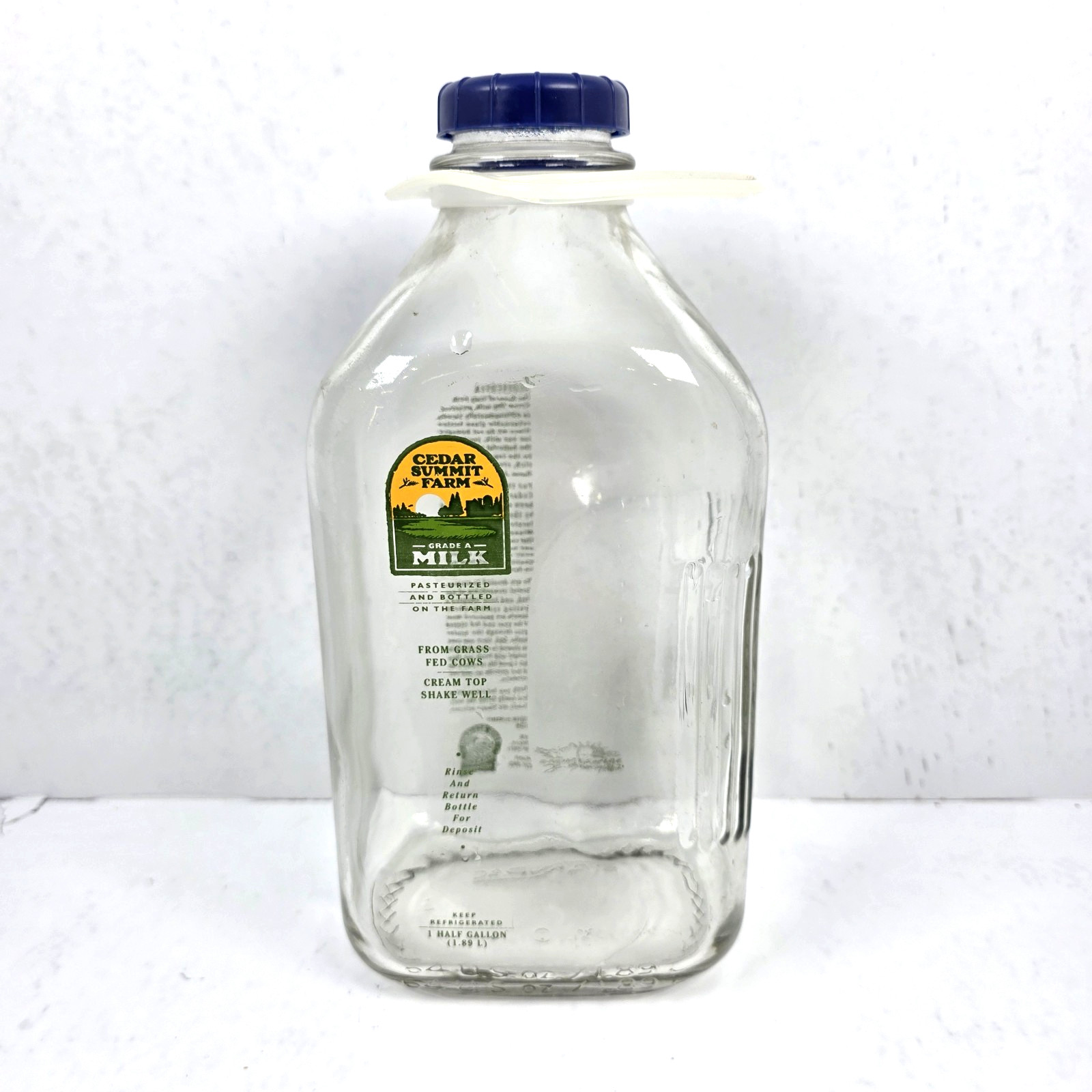 Vtg Cedar Summit Farm Dairy Minnesota HALF GALLON Clear Glass Milk Bottle w Lid