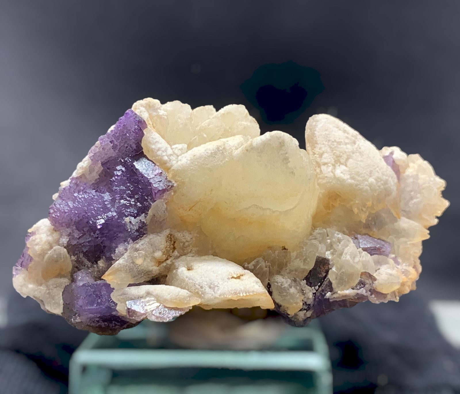 Unique Etched & Stepped Purple Fluorite on Creamy Dogtooth Calcite Matrix – 130g