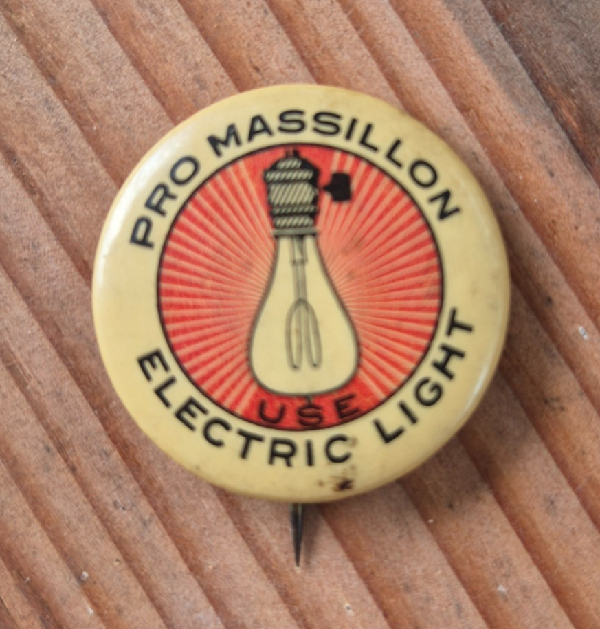 Antique Edison Button Pin Pro Massillon Electric Light Ohio