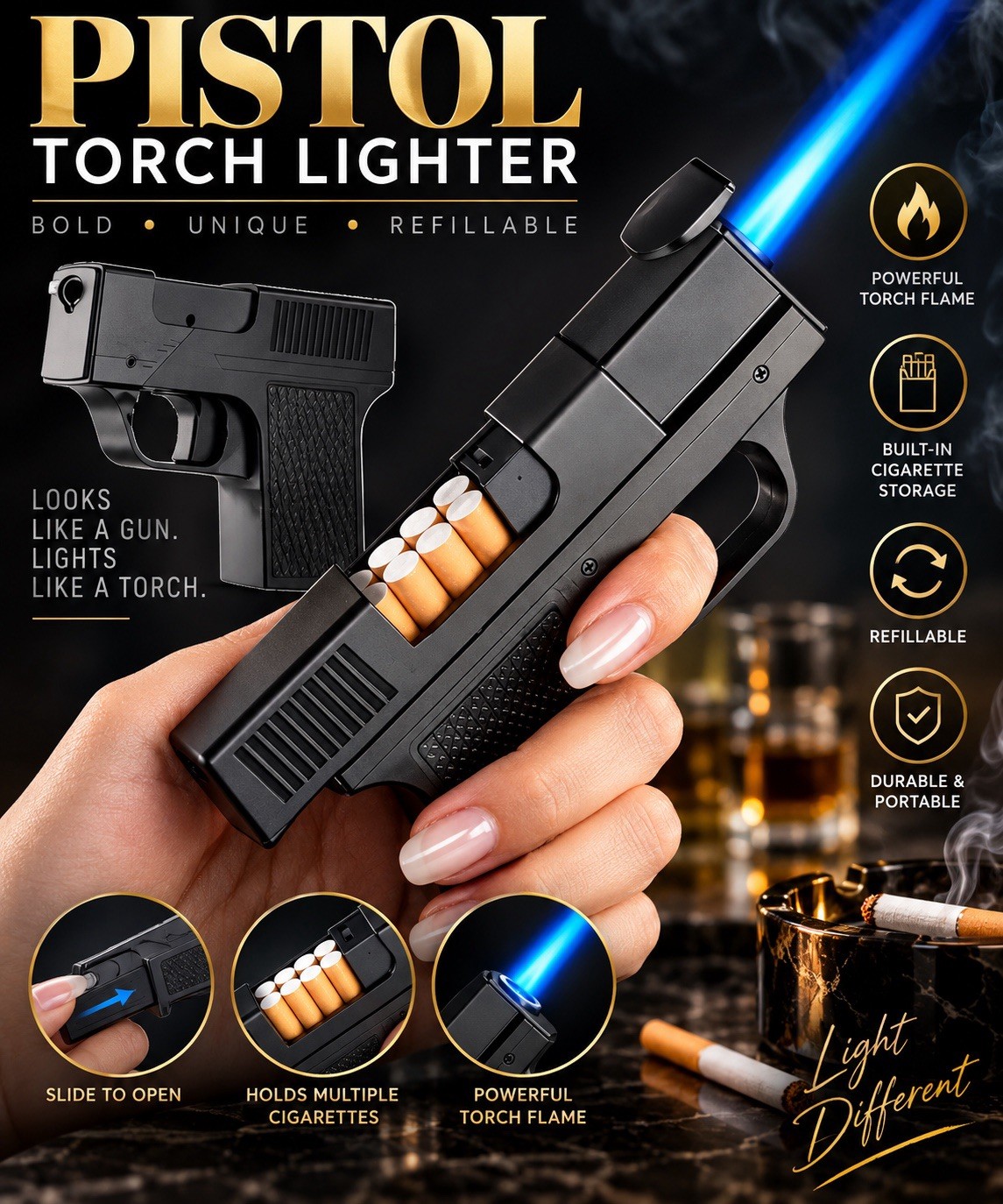 FOCUS Gun-Shaped Torch Lighter Set w/ Cigarette Case 10 Pack JD-YH098