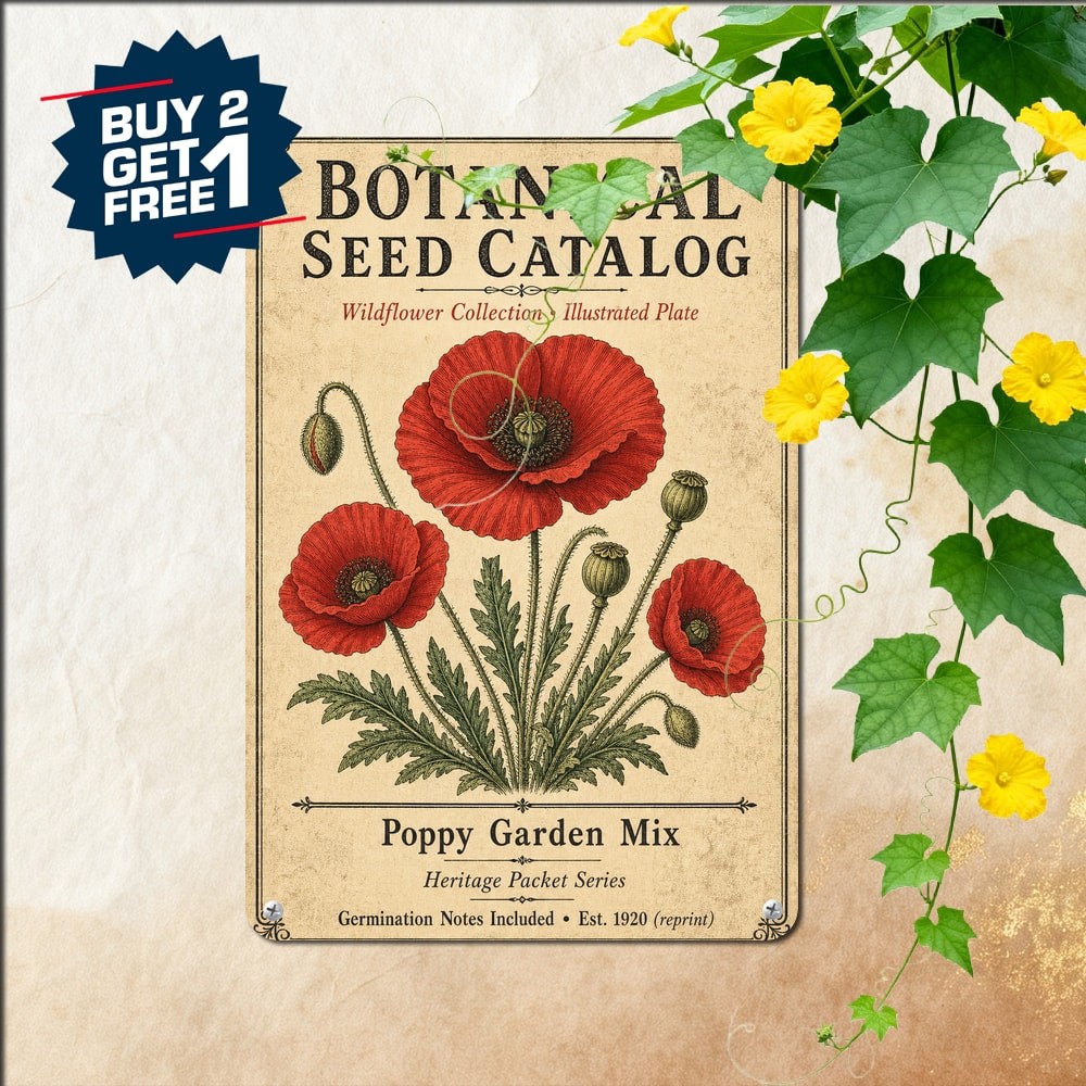 Red Poppies Seed Catalog Botanical Poster Vintage Flower Garden Metal Tin Sign
