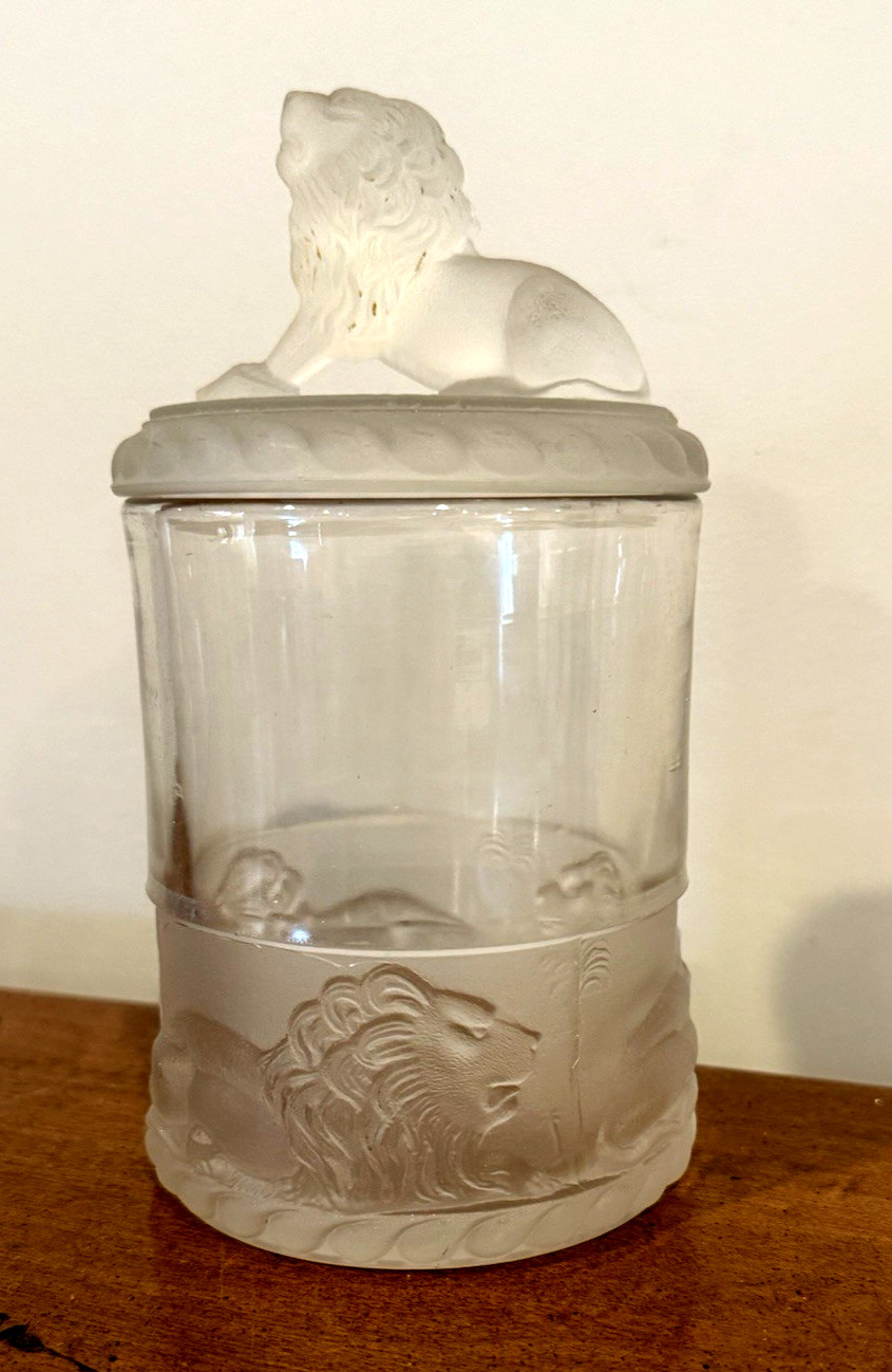 1870 Antique Gillinder & Sons Frosted Glass Lion Covered Candy Jar EAPG (15C)