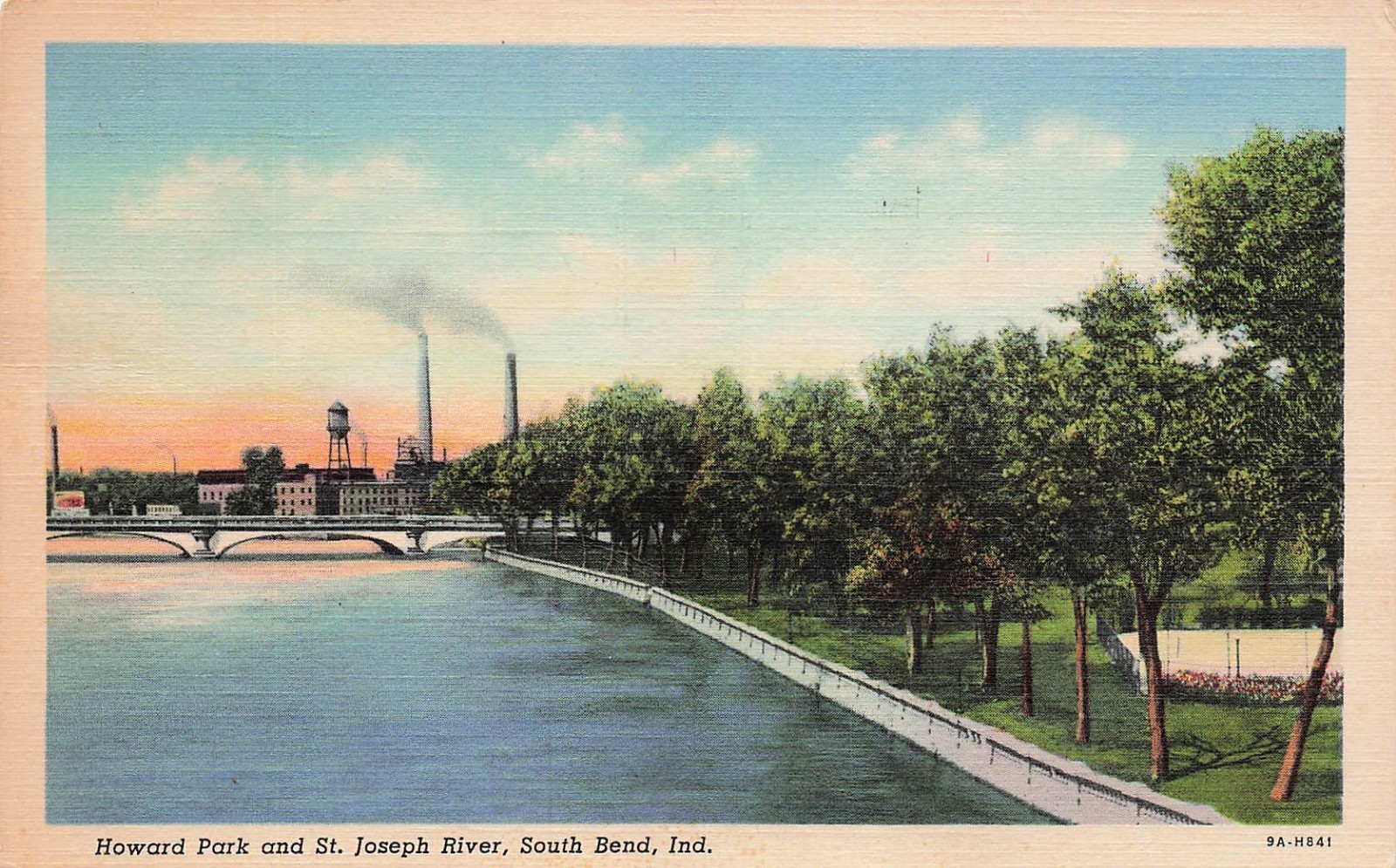 South Bend Indiana Howard Park and St Joseph River Industrial Vtg Postcard K13
