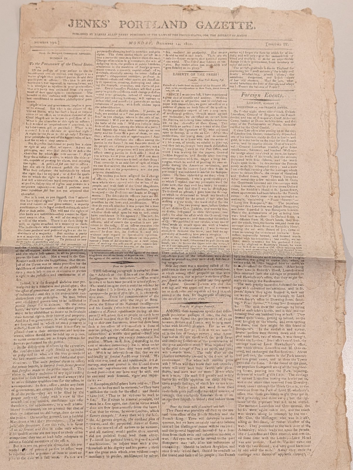 1801 Portland Gazette Maine Newspaper Thomas Jefferson Napoleon Peace Amiens War