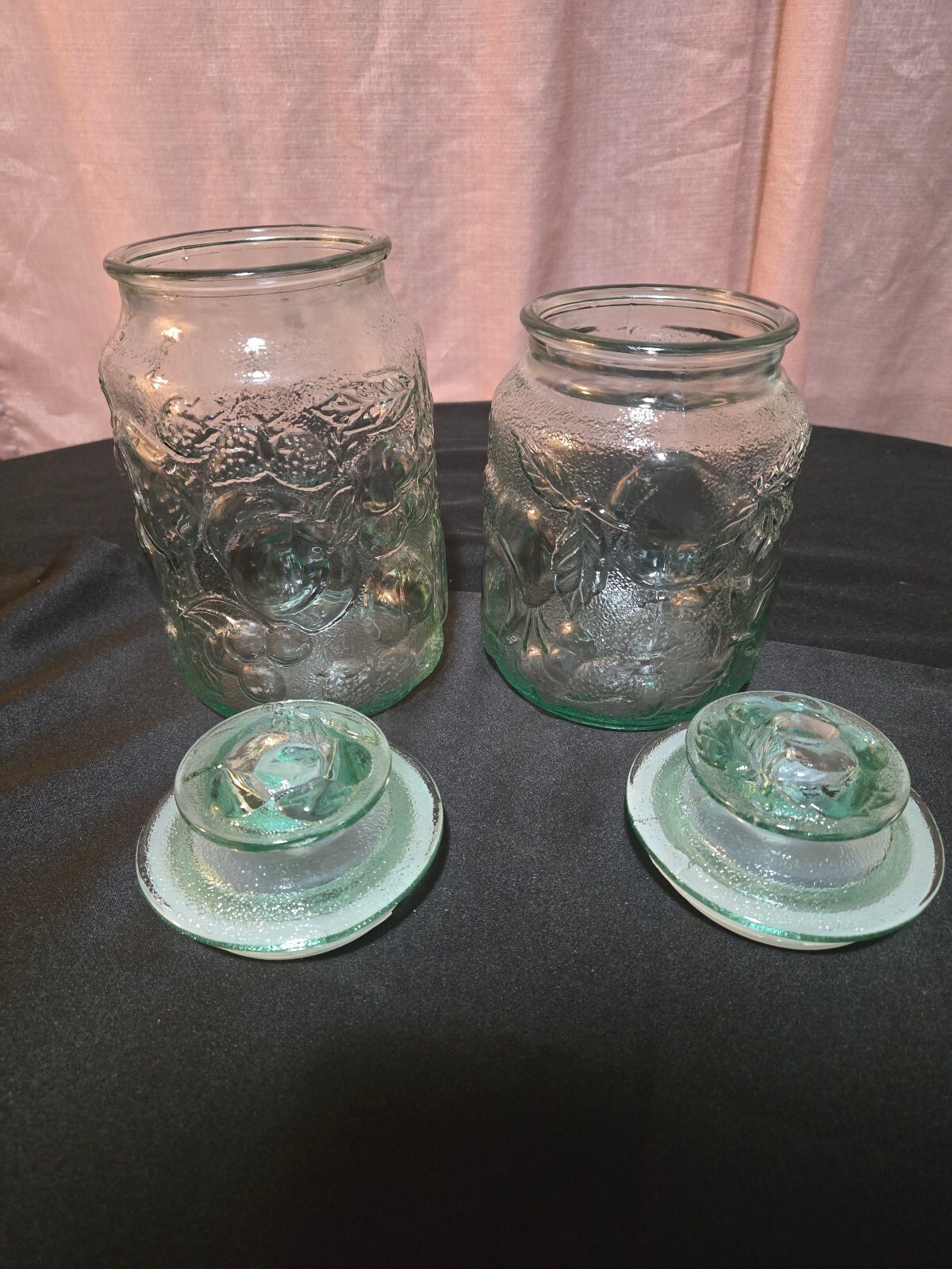 Vintage Libbey Glass Orchard Fruit Green Canister Jar Set of 2