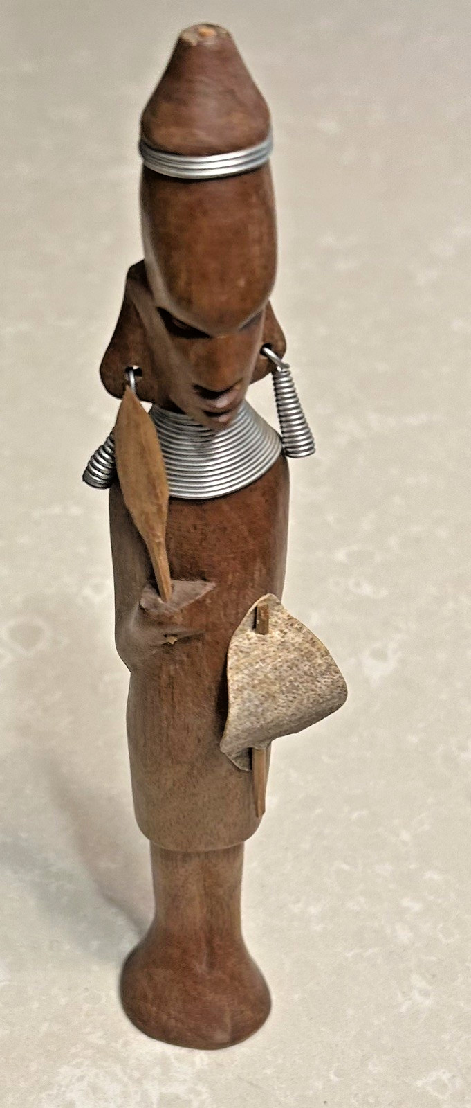 Vtg African Hand Carved Wooden Statue Kenya Tribal Figure Wire Neck Warrior MCM