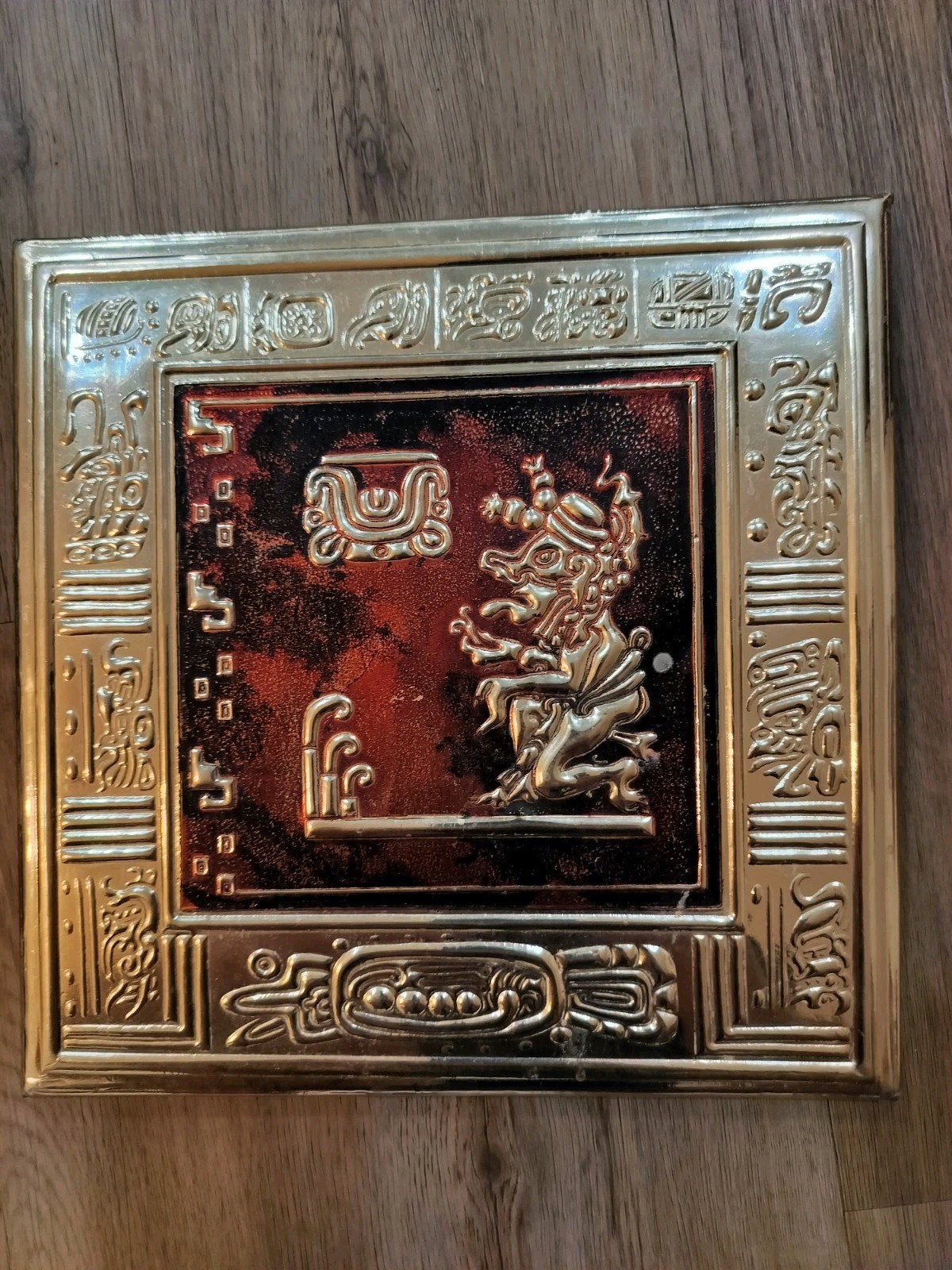 VTG Mexican Repujado Embossed Tin Folk Art Wall Plaque Mayan God Ek Chuah 10\