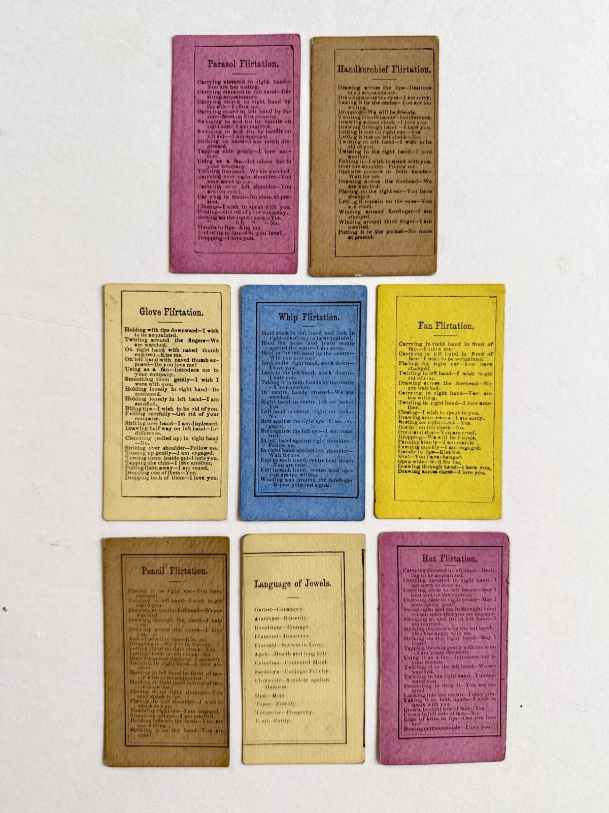 Lot Of 8 Antique Victorian Flirtation Tips Rule Cards- Hat, Parasol, Gloves Etc