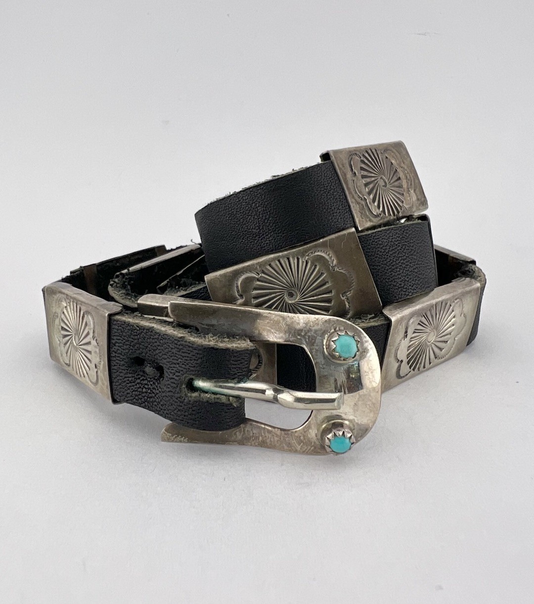 Vtg Navajo Sterling Silver Turquoise Stamped Rectangle Concho Leather Hat Band