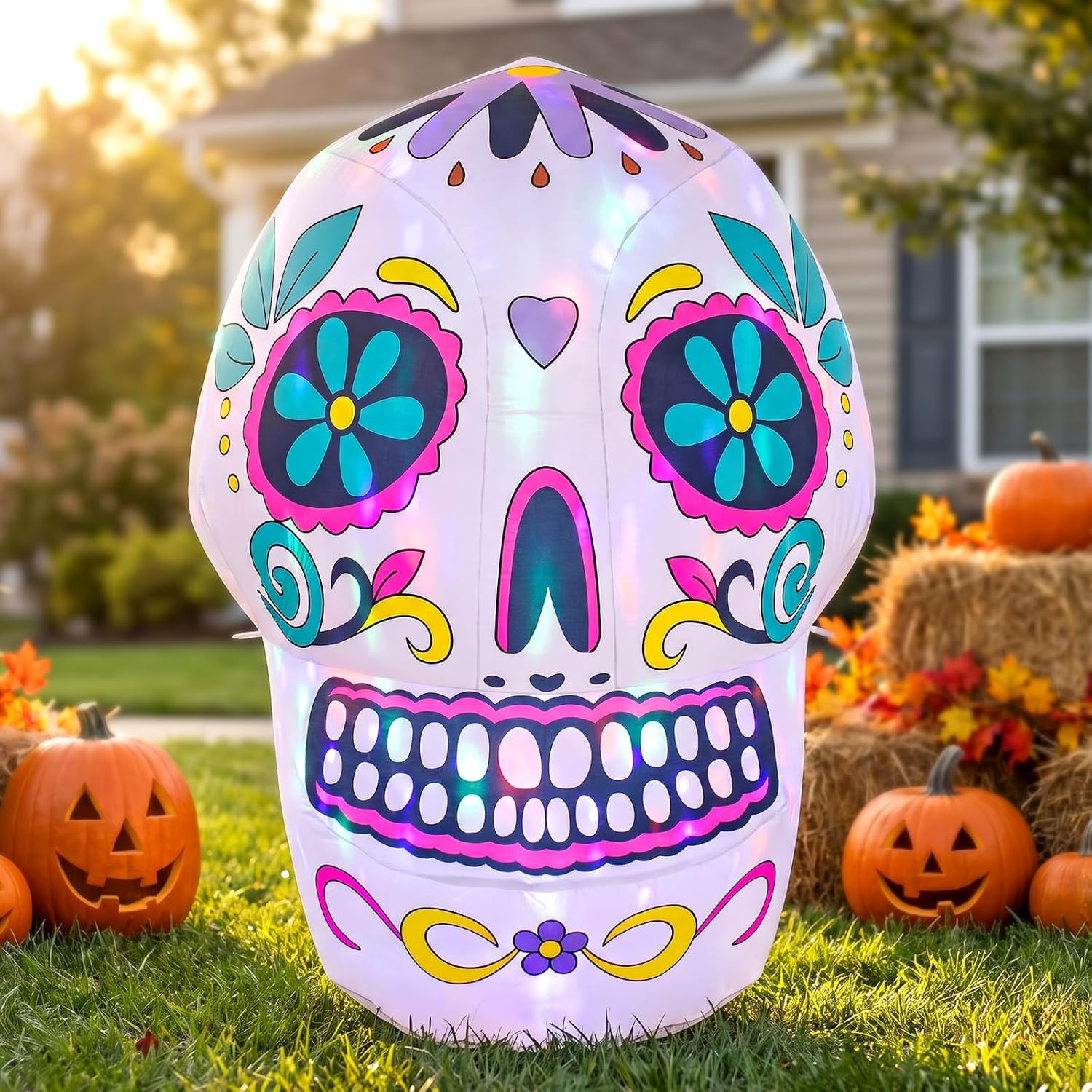4Ft Colorful Sugar Skull Inflatable LED Halloween Yard Decor