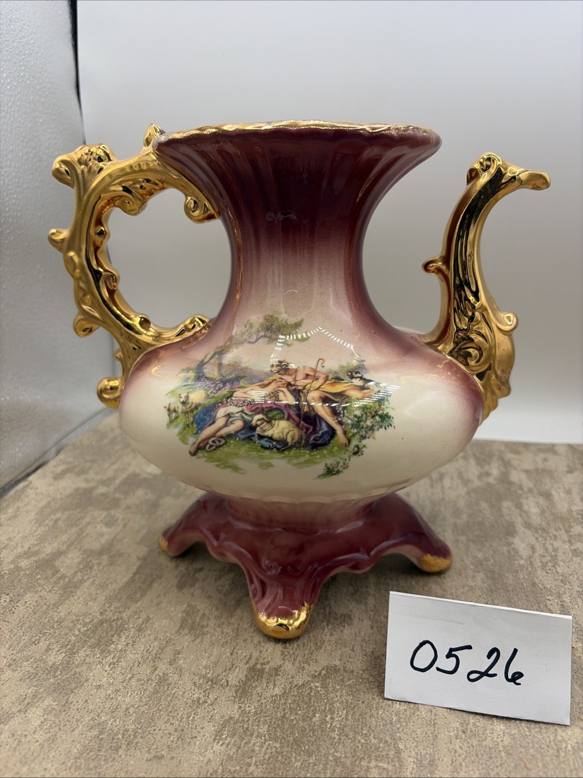 Vtg Burgundy Ceramic/Porcelain Pitcher Featuring Courting Couple W/ Ornate Gold