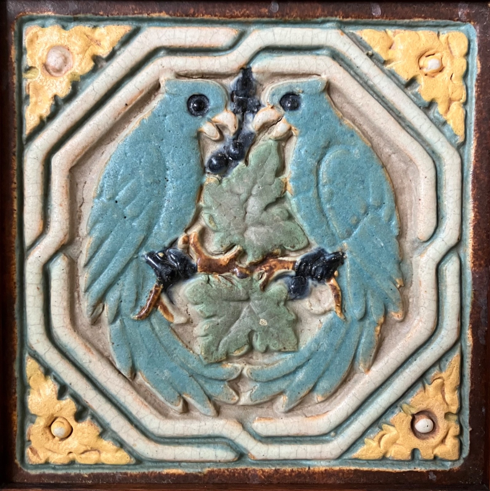 Rare Vintage Malibu Potteries Tile with Parrots, Malibu, CA  1926-1932, Framed