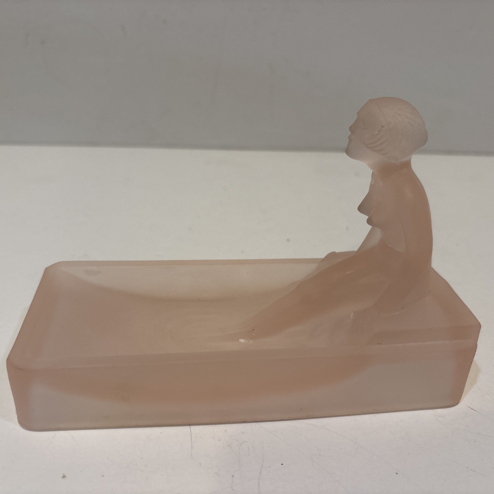 SDD 1981 Frosted Pink Nude Lady Vanity Glass Dish Art Deco Revival Vintage Soap