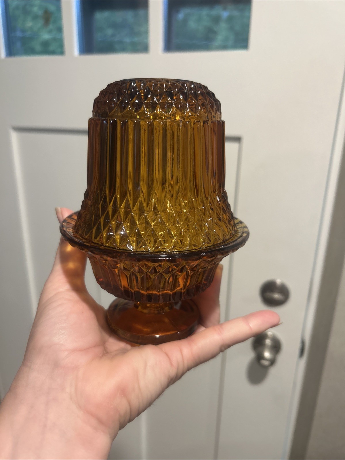 Vintage MCM Indiana Glass Diamond Point Golden Amber Fairy Lamp 2 Piece 6.5”