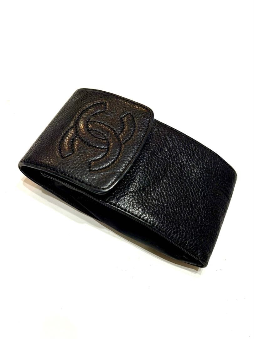 CHANEL Cigarette Case Pouch Coco Mark Caviar Skin Leather Black Vintage Mini Bag