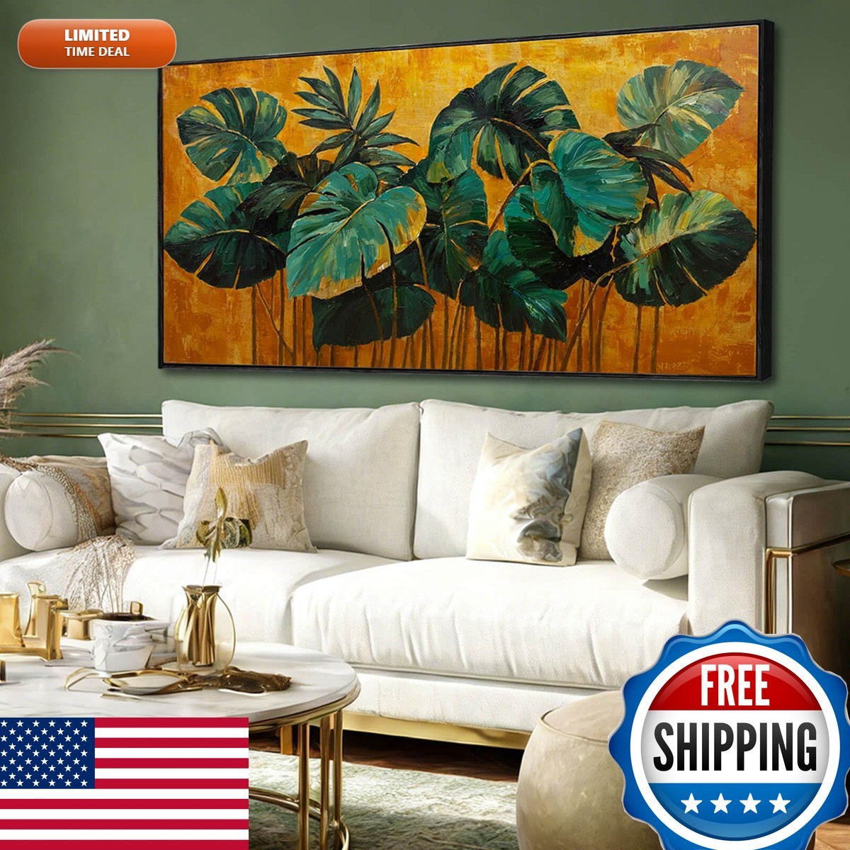 SOUGUAN Canvas Print Wall Art Green Gold Tropical Palm Leaves 24\