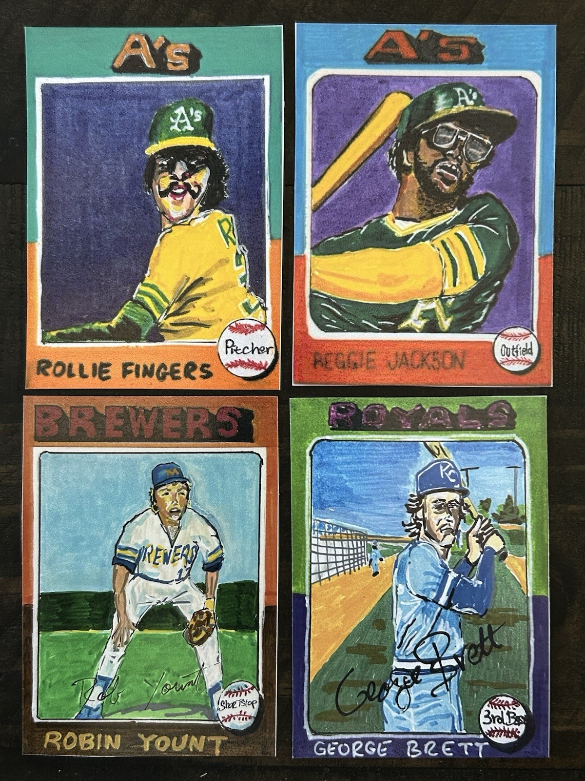 ACEO Sketch Trading Print 1975 Topps Fingers Yount Jackson Brett 4 Card Art