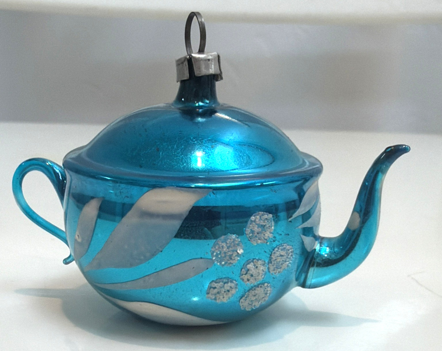 Vintage West Germany Mercury Glass Blue Teapot Hand Painted Christmas Ornament