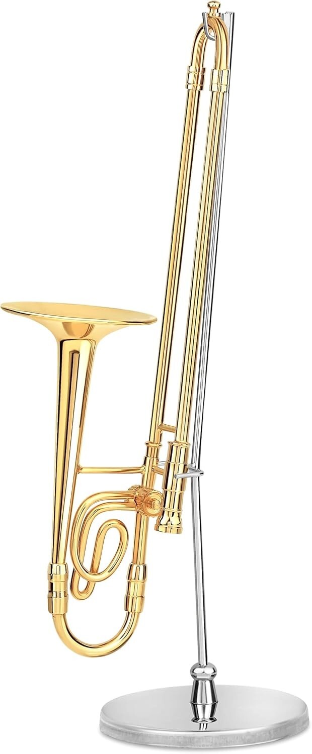 Gold Trombone Musical Instrument Miniature Replica with Case - Size 5.5 in.