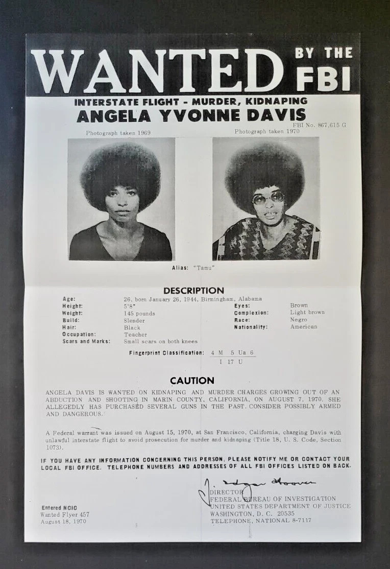 ANGELA DAVIS - 1970 FBI MOST WANTED POSTER - BLACK PANTHER PARTY - CIVIL RIGHTS