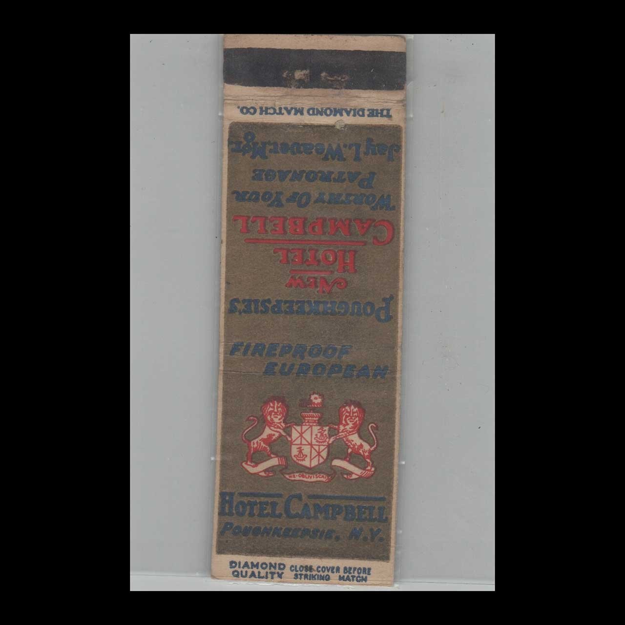 Matchbook Cover 1930s Diamond Quality Hotel Campbell Poughkeepsie NY