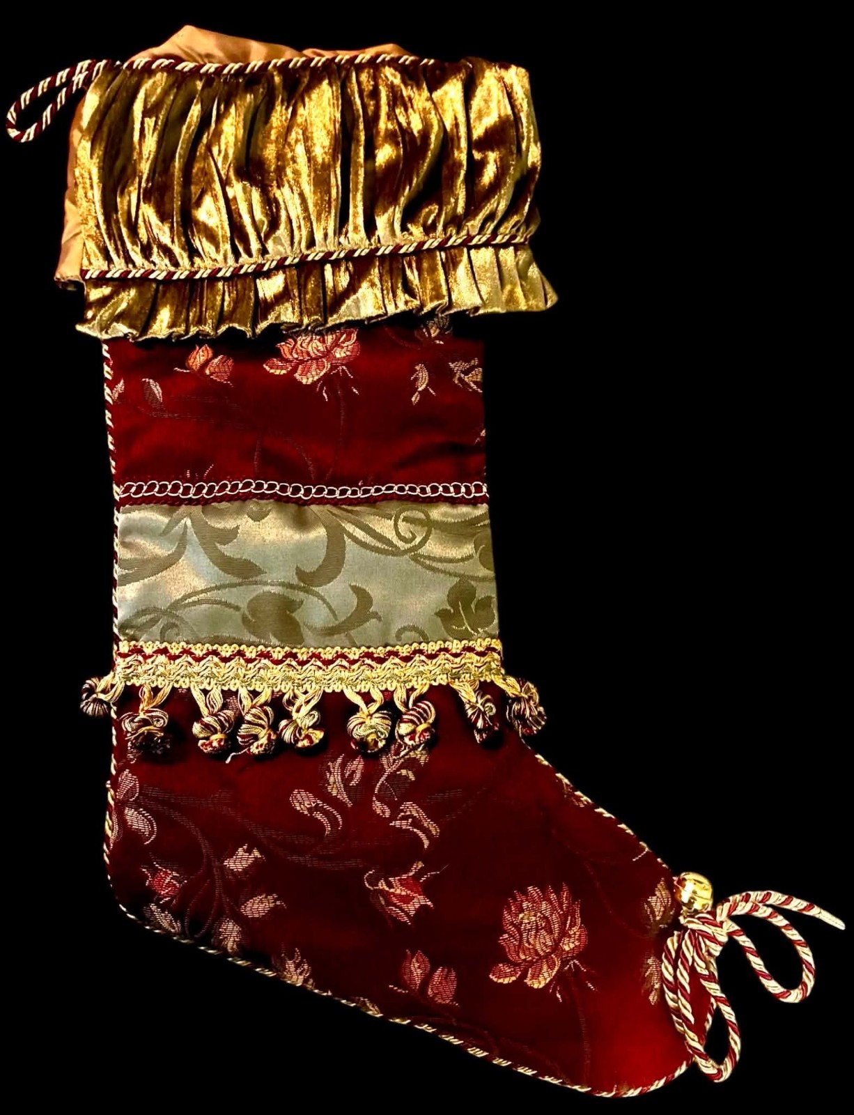 Vtg Luxury Victorian Style Brocade Red Gold floral Tassels Christmas Stocking #1