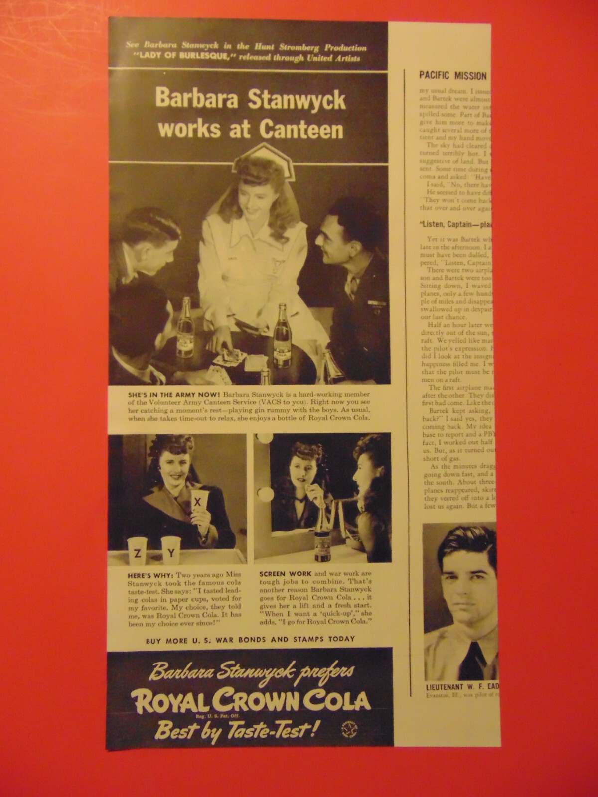 1943 ROYAL CROWN COLA Barbara Stanwyck works at canteen photo art print ad