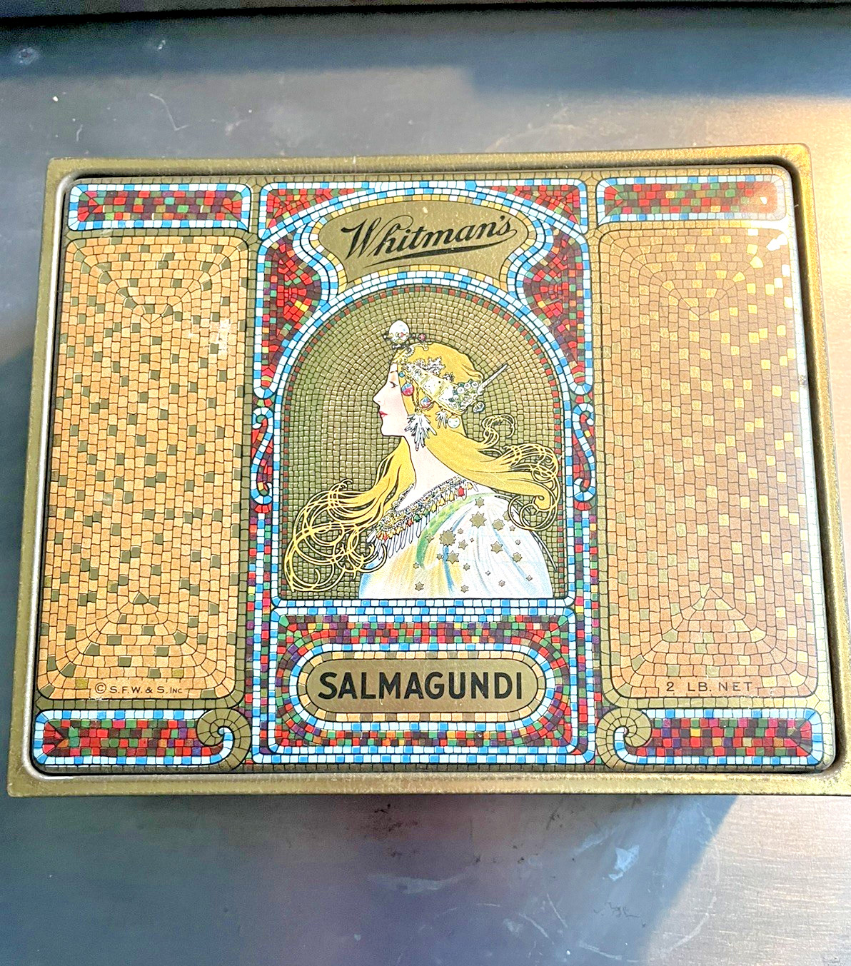 Antique 1920\'s Whitman\'s Chocolate  2# Tin Alphonse Mucha Art Nouveau Design EUC