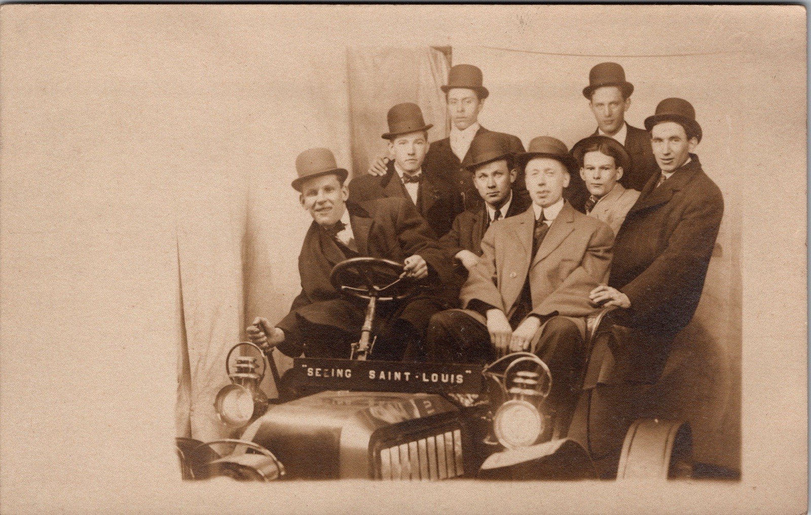 Postcard Real Photo RPPC Group of Men Sitting in Old Car St Louis Missouri