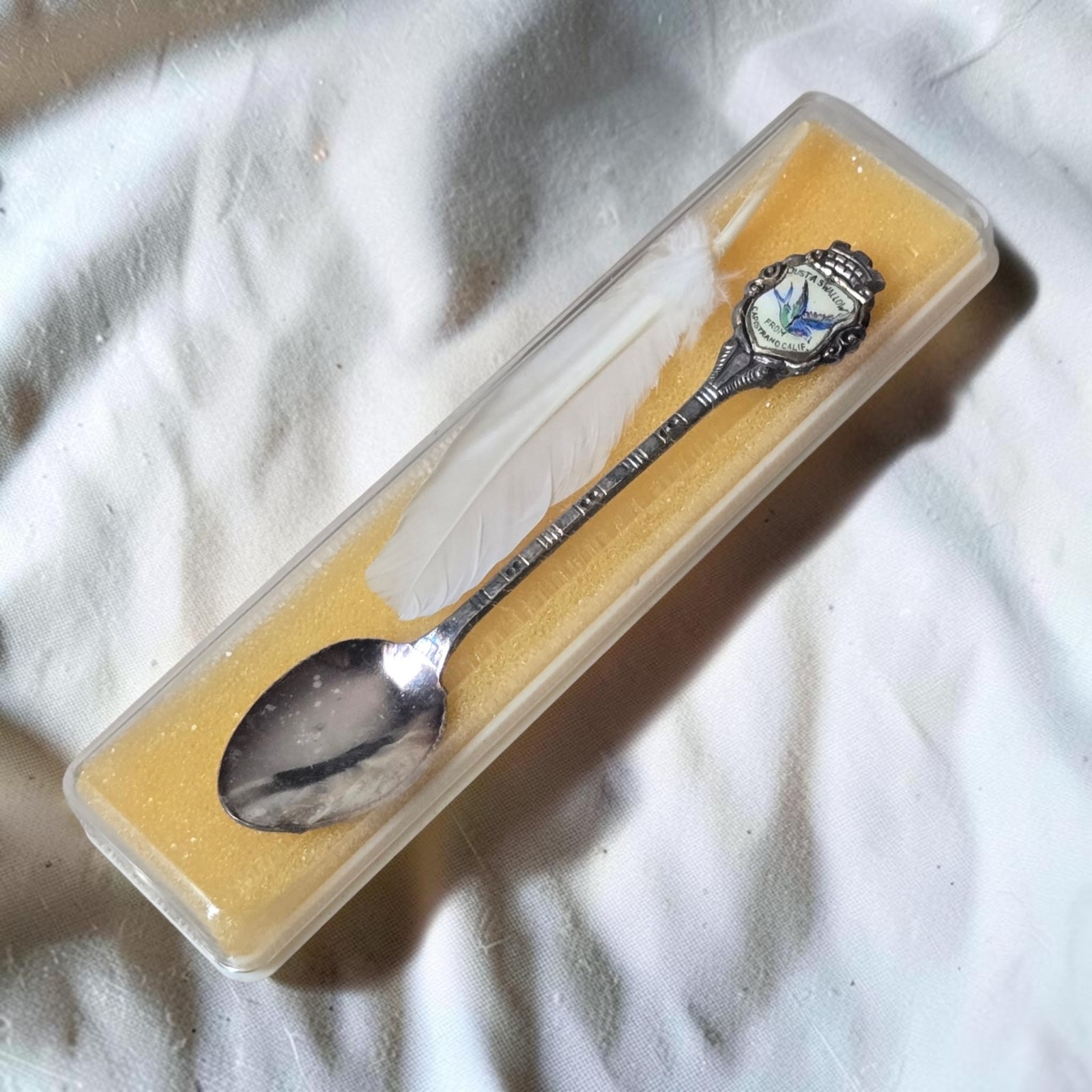 Vintage Germany Swallow Souvenir Spoon & Feather Set Capistrano CA Original Box