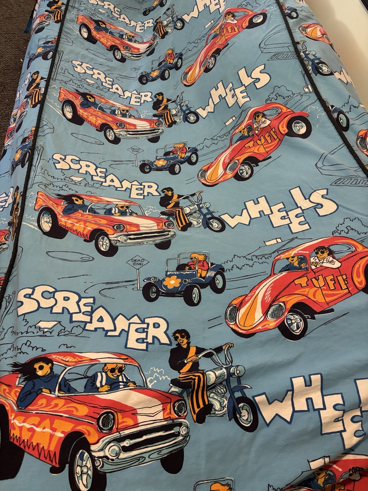 Vintage 1970s Screamers Hot Rods Sears Coverlet Bedspread 97x77 Twin