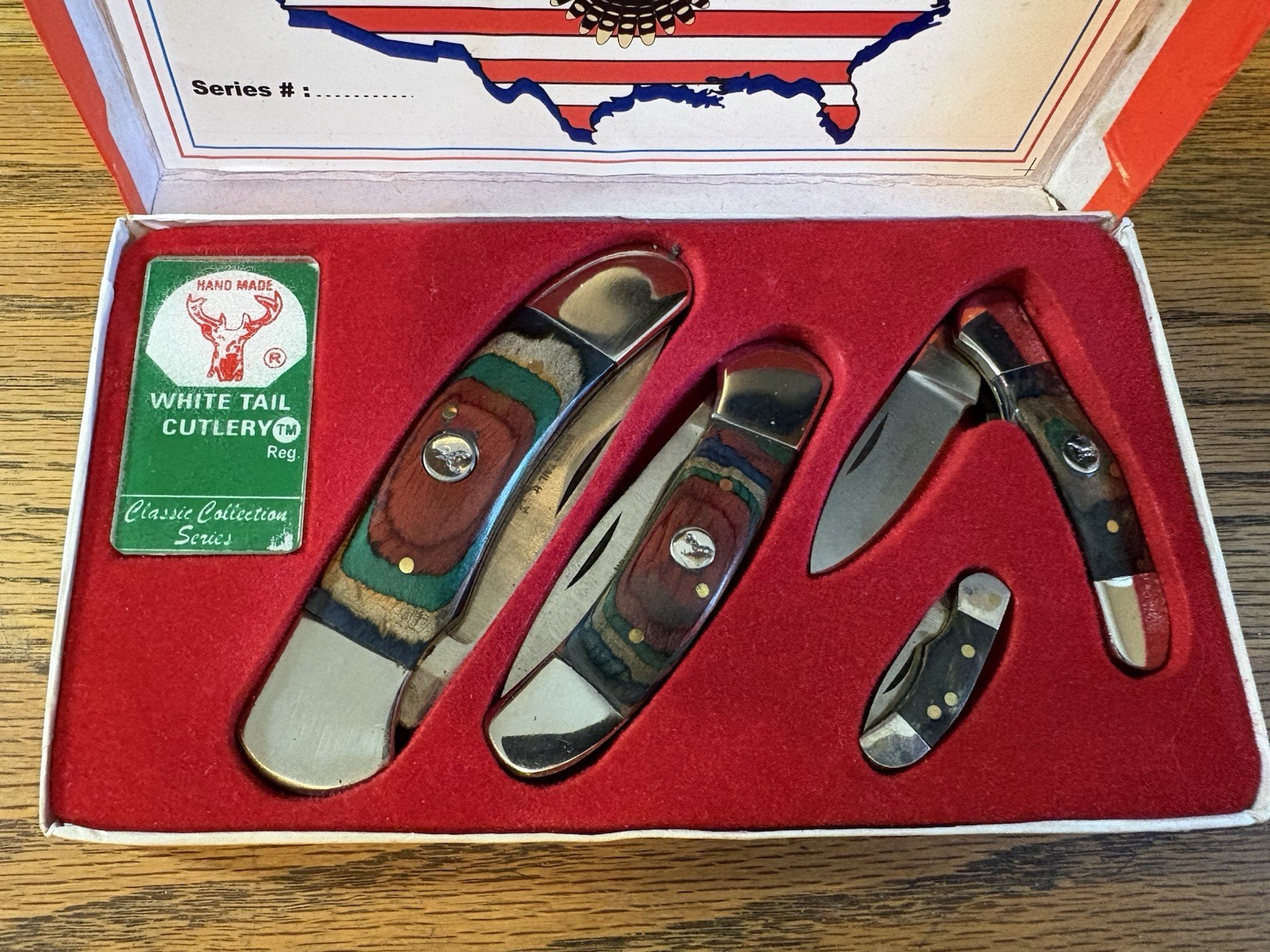 White Tail Cutlery Handmade Collection Series 4 Pocket Knife Set Rainbow Wood
