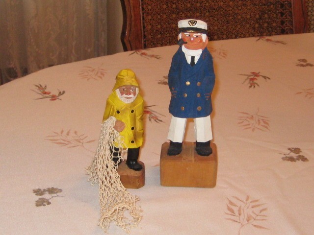Vintage~ 2 Hand Carved Wooden~ Sea Captain & Fisherman~ Nautical Figurines ~