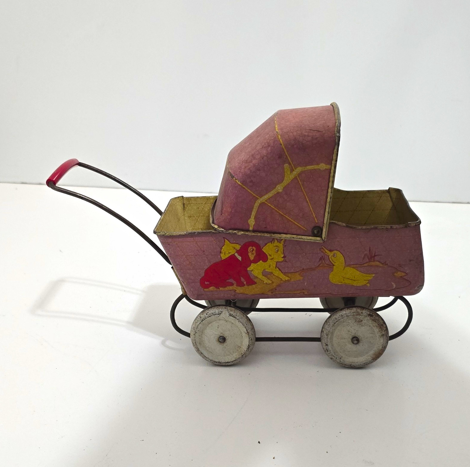 Vintage Pink Metal Toy Baby Carriage Buggy with Canopy & White Wheels
