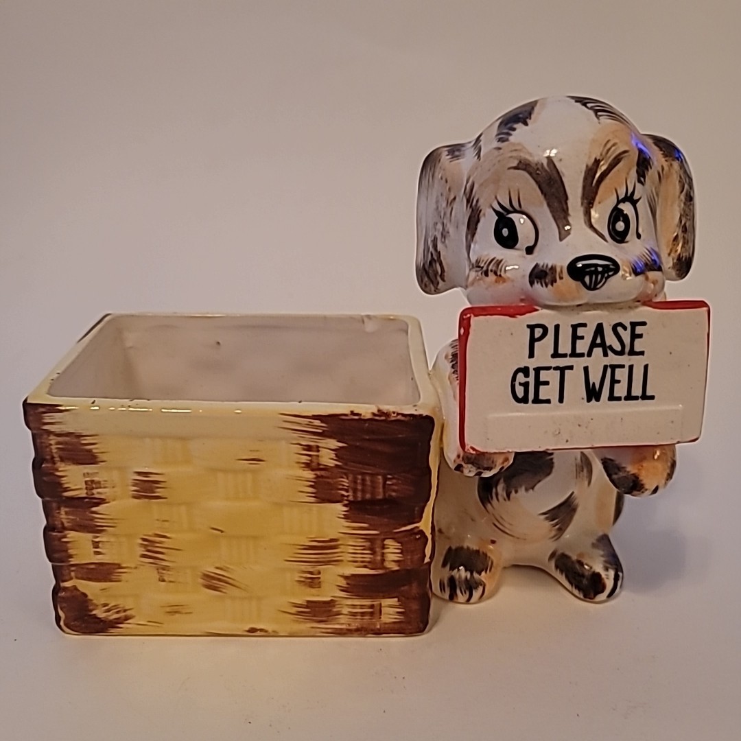 Vtg Planter Napco Puppy Dog Basket Please Get Well Figurine 1956 Name Plate Sign